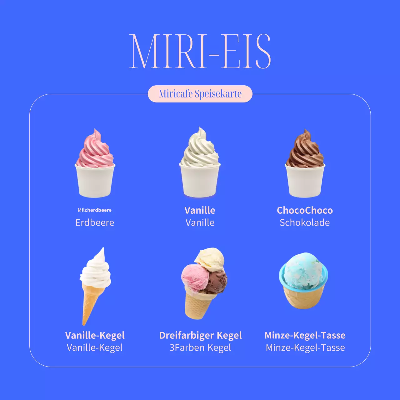 Ein einfaches blaues und rosafarbenes Sommerdessert-Menü als Werbung