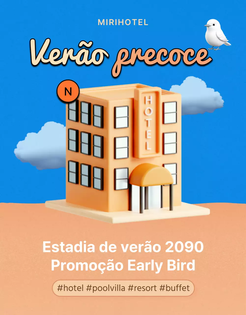Anúncio de ofertas de hotéis de verão em laranja e azul