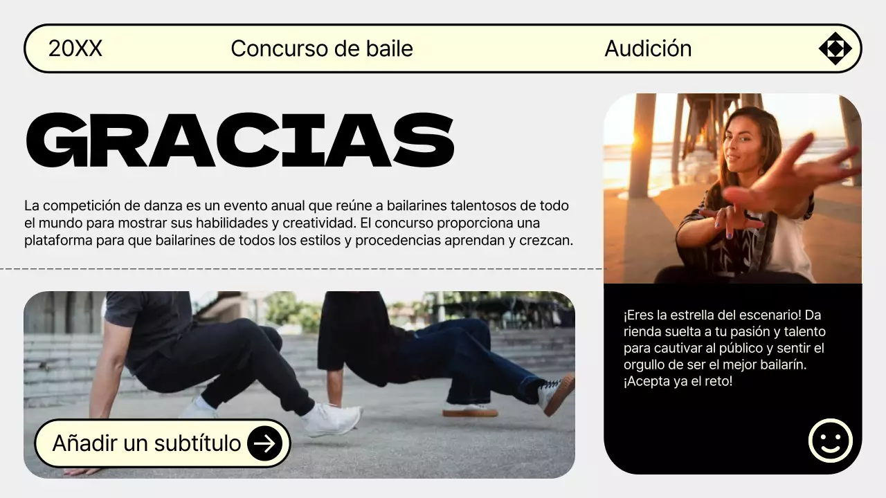 Promociona tu audición de baile con la moderna combinación de colores gris y amarillo