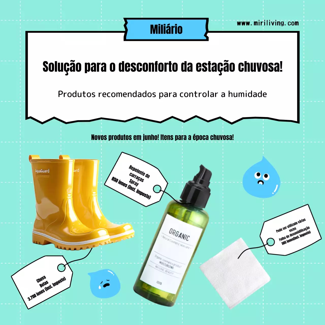 Publicidade de artigos recomendados para a estação das chuvas em azul-celeste encantador.