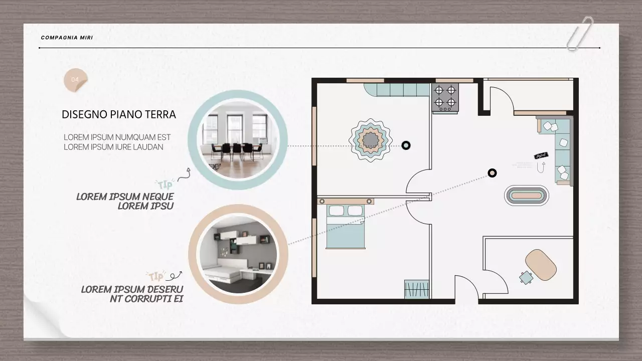 Relazione di architettura moderna e planimetria in beige e azzurro