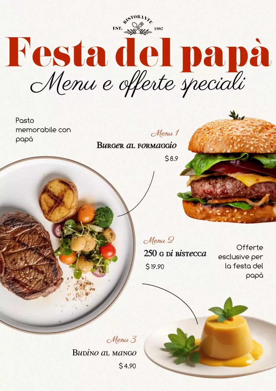 Pubblicizzate un'offerta speciale per un ristorante moderno in rosso e nero.