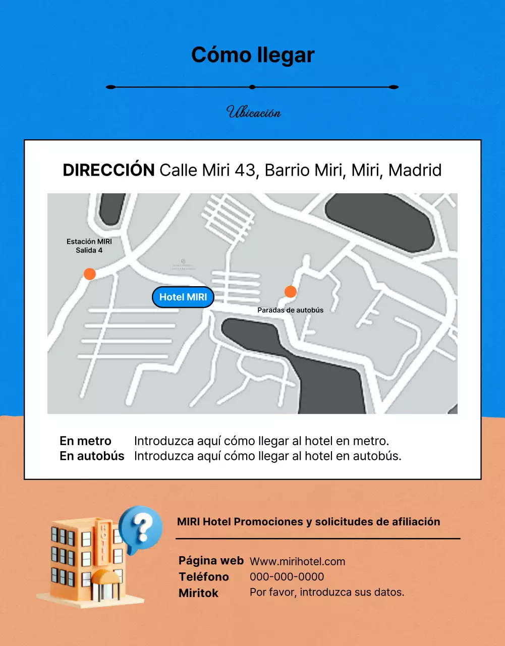 Kitschy anuncio de ofertas hoteleras de verano en naranja y azul