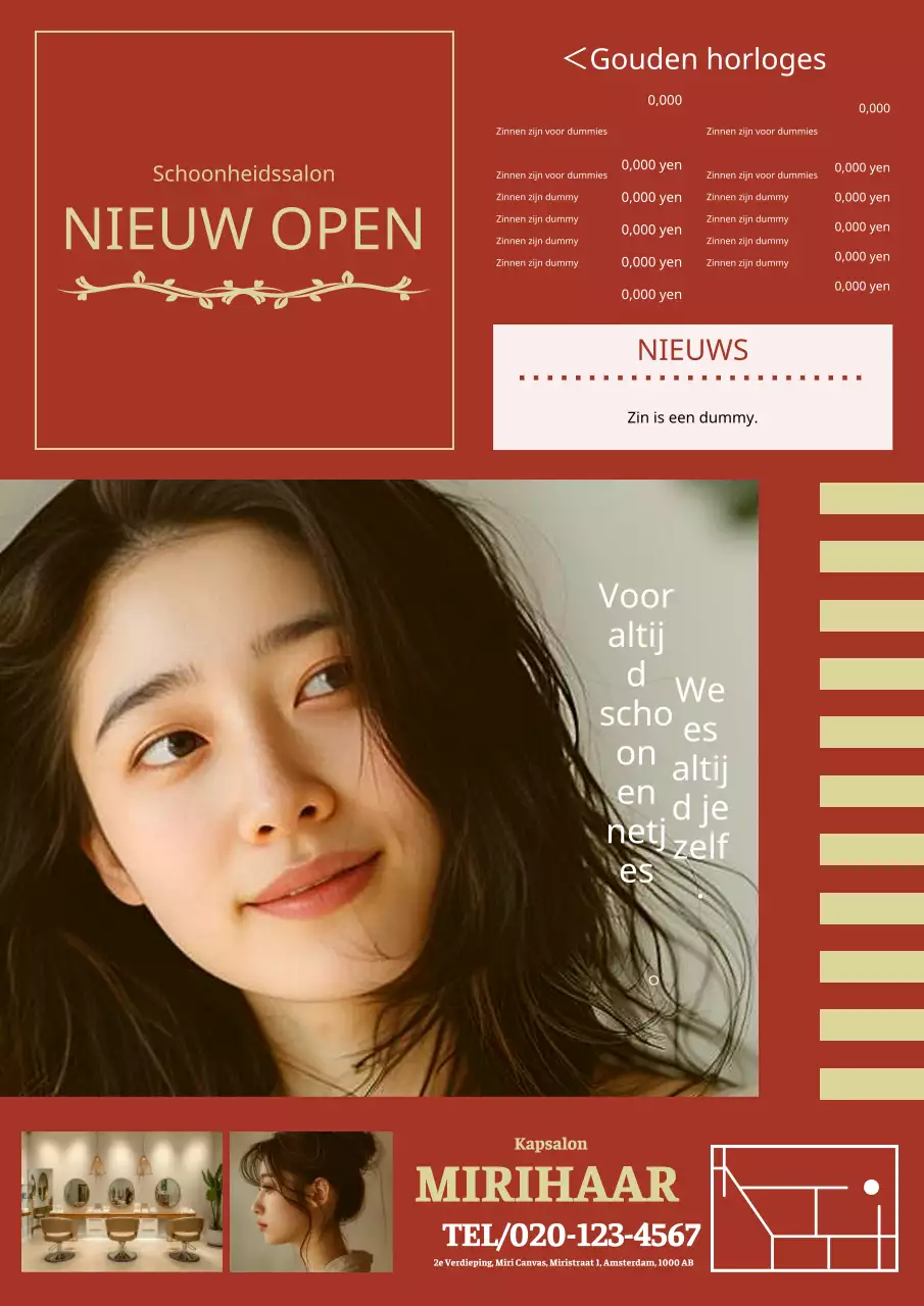 Klassieke en luxueuze kapsalonreclame in rode en gouden kleuren