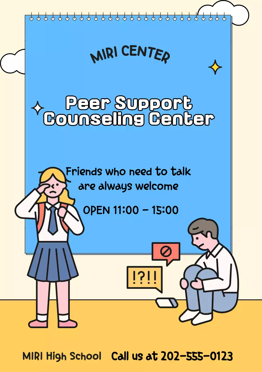 Para promoção do centro de aconselhamento com ilustrações azuis e amarelas de estudantes