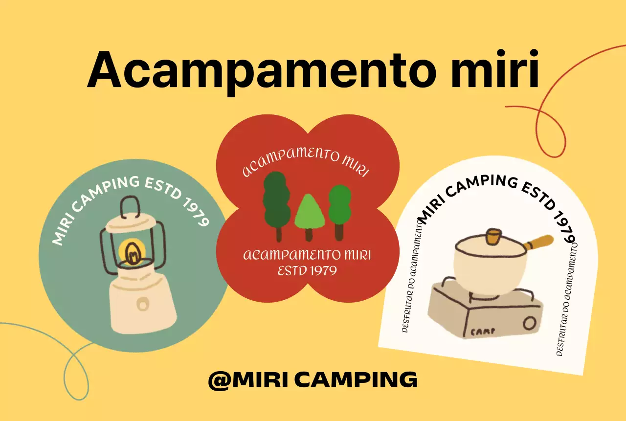 Parque de campismo com várias formas e imagens de acampamento desenhadas à mão