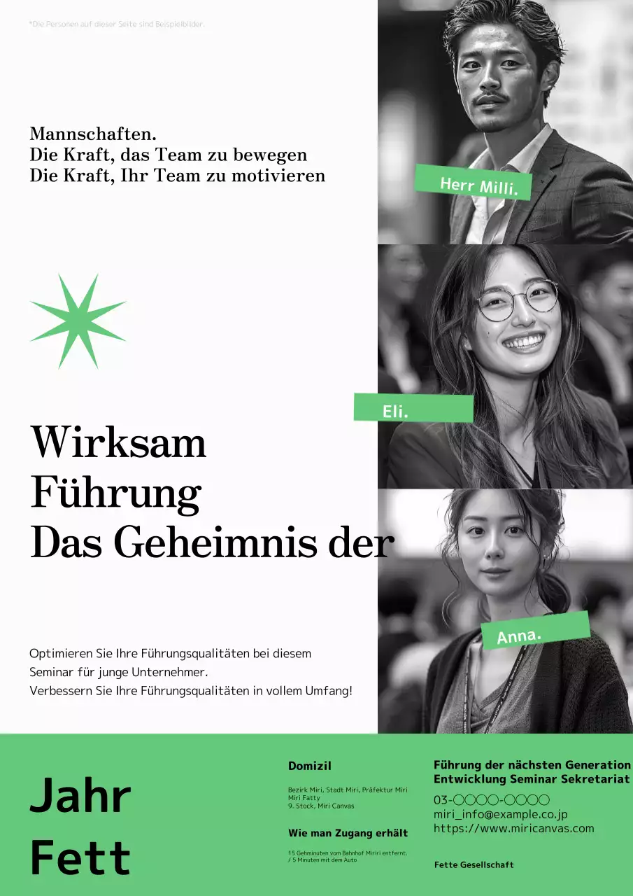 Eine moderne grün-schwarze Anzeige für ein Seminar zur Förderung der nächsten Generation von Führungskräften.