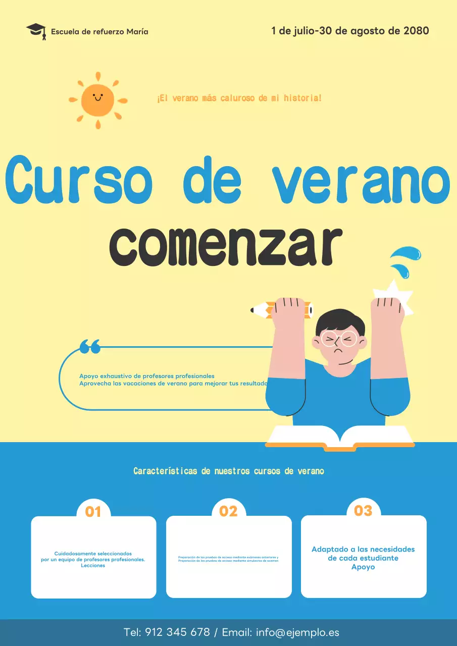 Promocionar las ofertas básicas de vacaciones escolares de verano en amarillo y azul