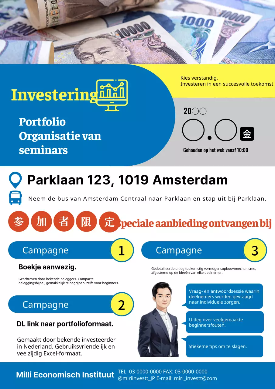 Organiseer een seminar over basisbeleggen in blauw