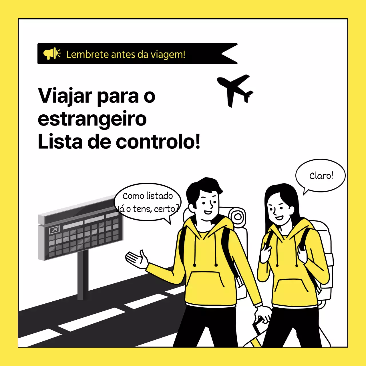 Sobre a lista de verificação simples de embalagem internacional amarela e preta