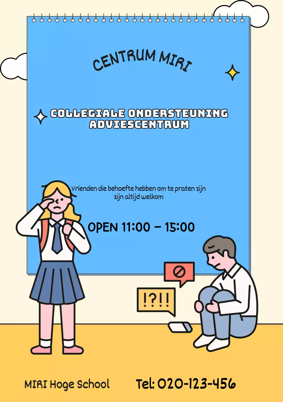 Voor promotie van het counselingcentrum met blauwe en gele studentenillustraties