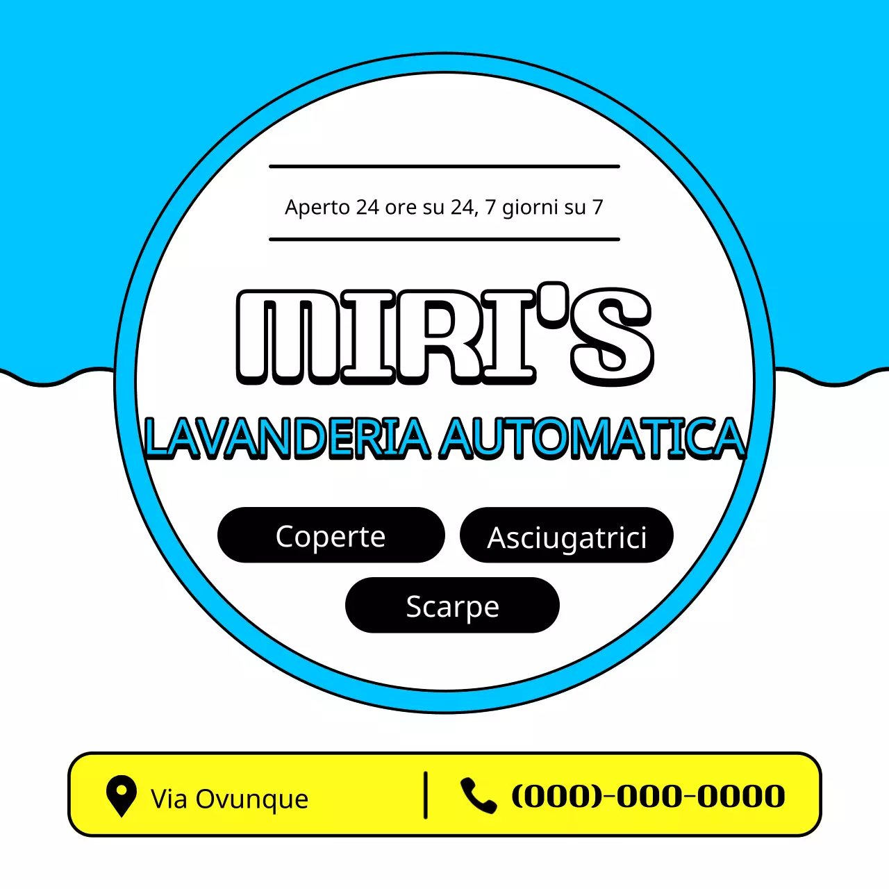 Una semplice pubblicità di lavanderia a gettoni blu e gialla