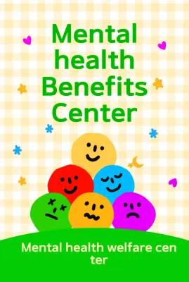 Pusat kesehatan mental dan kesehatan yang lucu dan menggemaskan dengan ekspresi wajah yang penuh warna