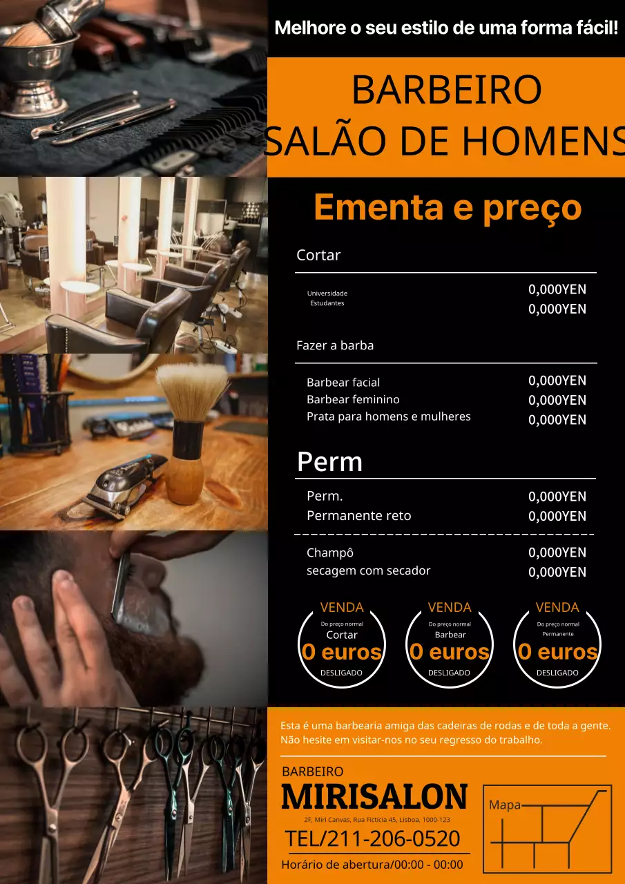 Um anúncio simples e moderno para uma barbearia de homem em laranja e preto.