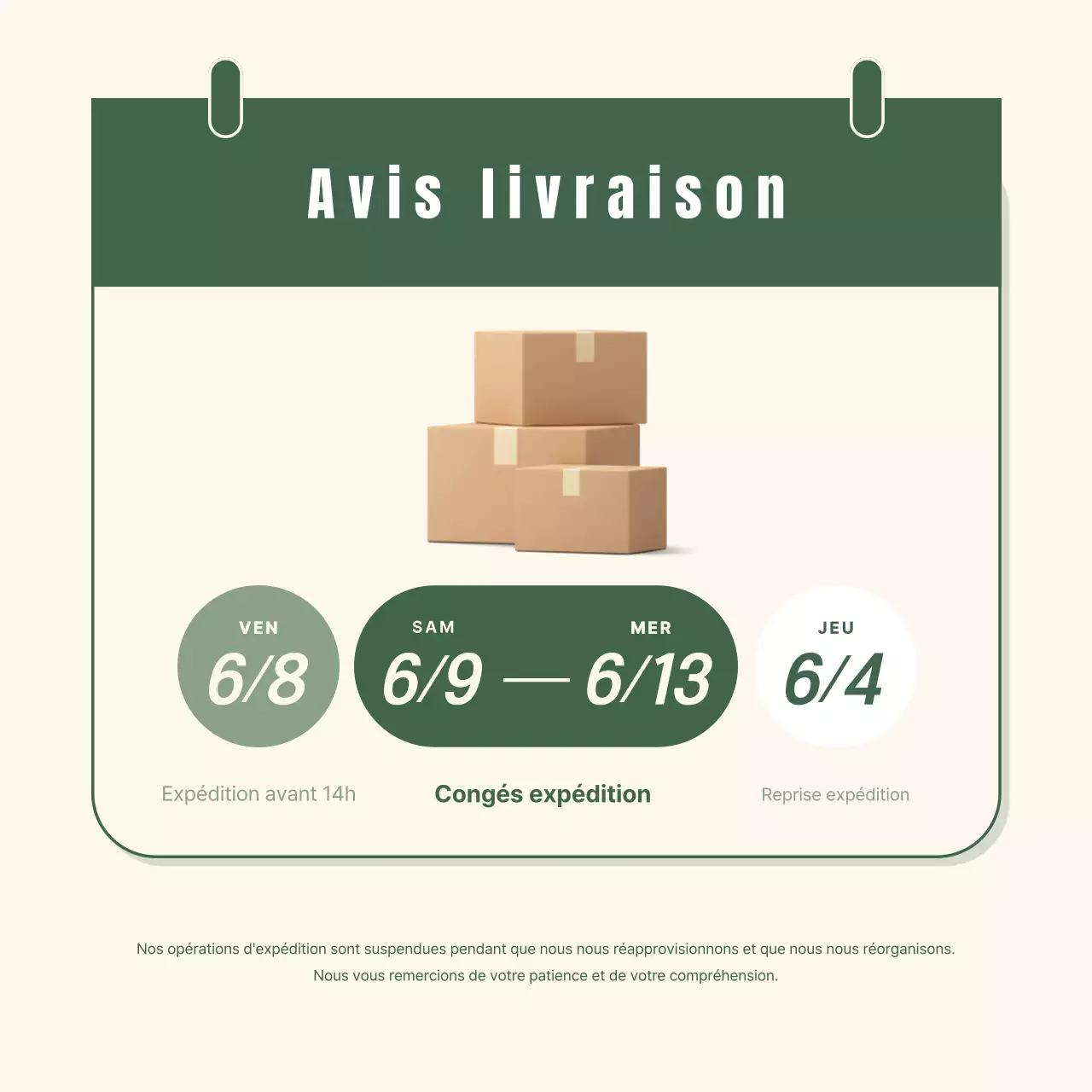 Un simple avis de livraison en ivoire et kaki