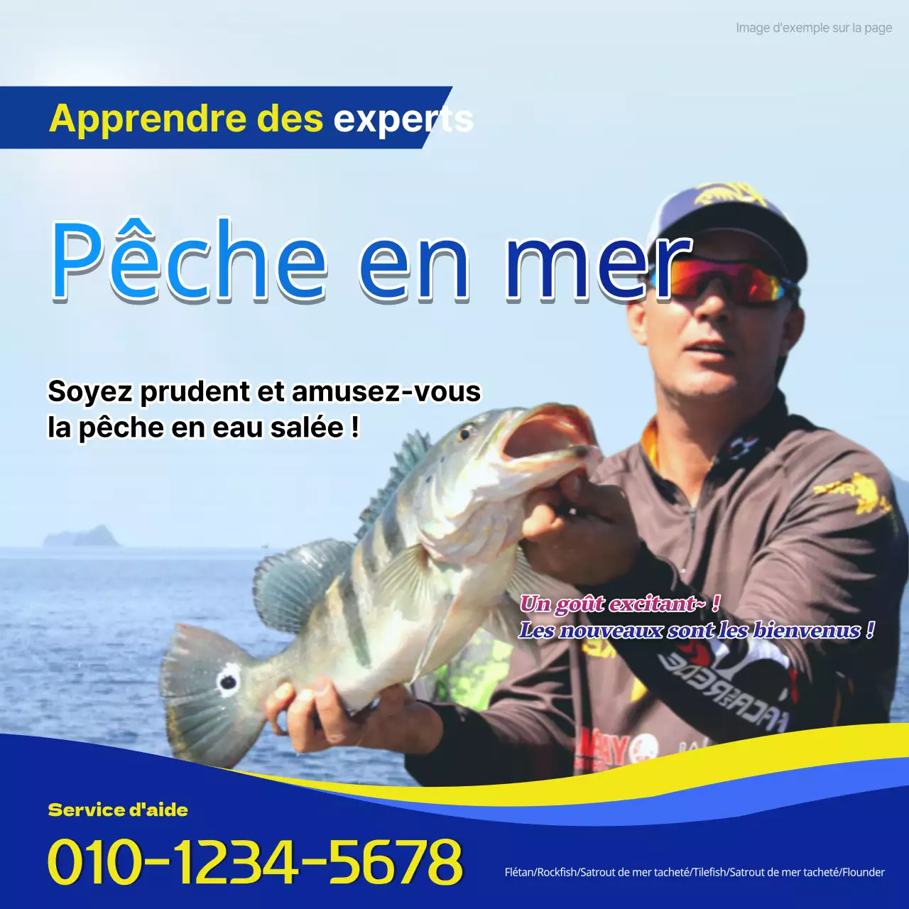 Publicités kitsch jaunes et bleues pour la pêche en mer