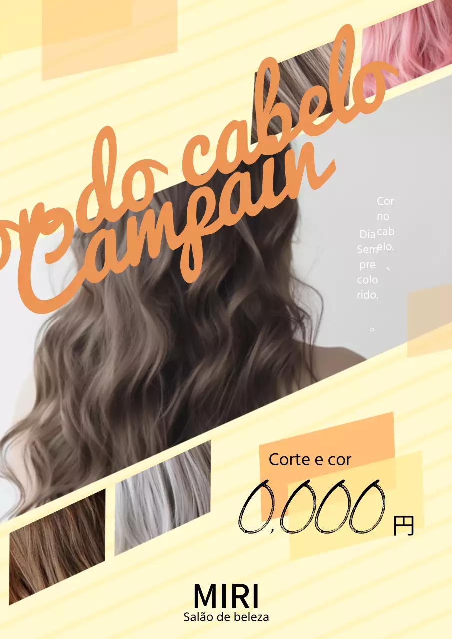 Um anúncio de salão de cabeleireiro moderno e giro em amarelo e laranja.