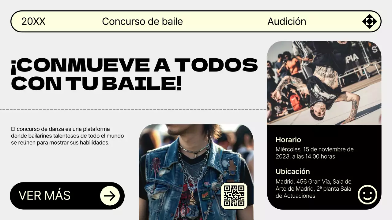 Promociona tu audición de baile con la moderna combinación de colores gris y amarillo