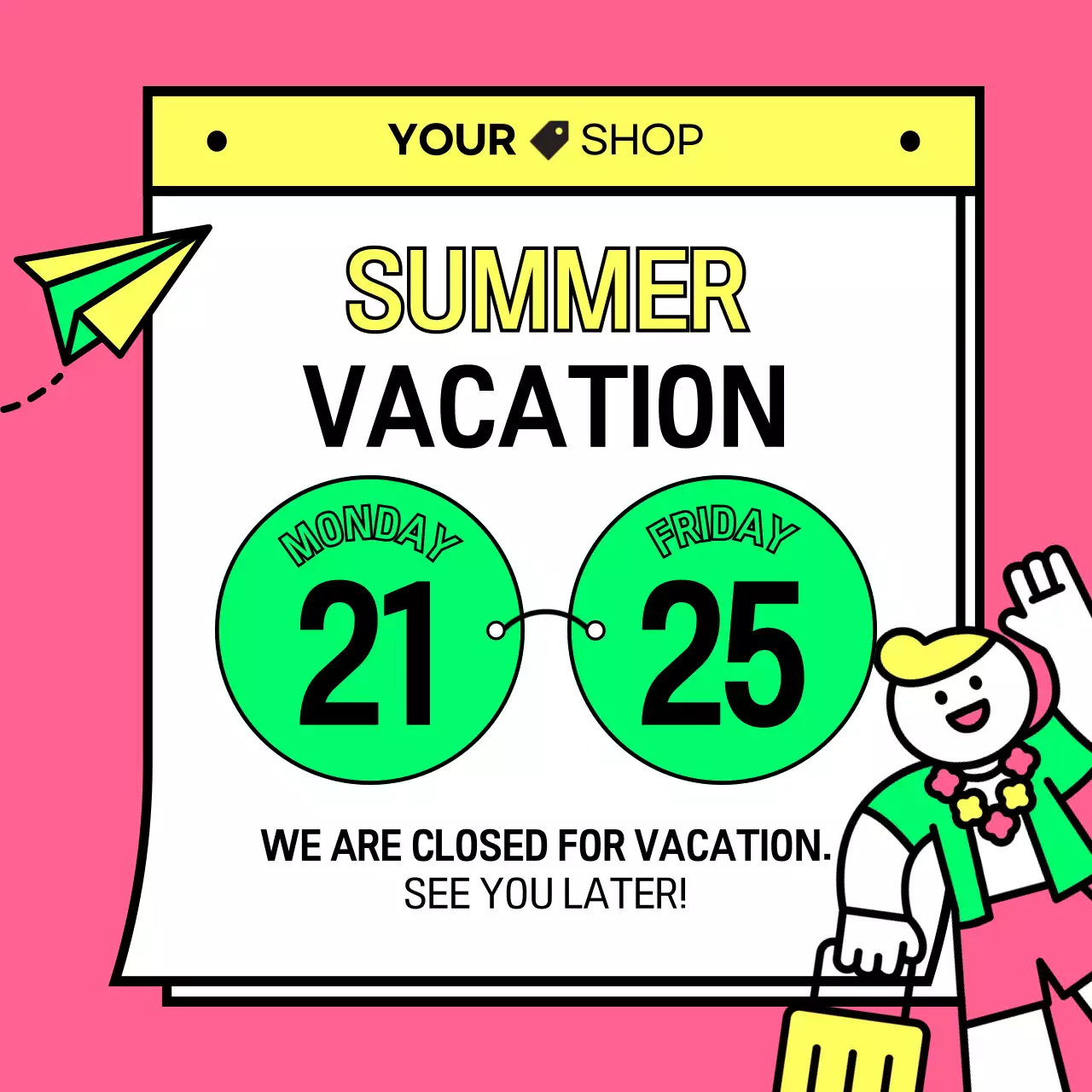 Kitschy summer vacation announcements in hot pink and fluorescent colors