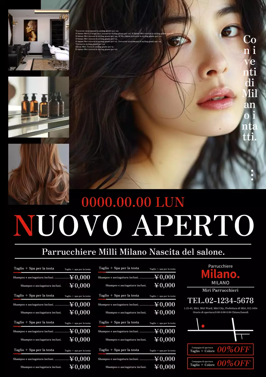 Pubblicità di un salone di parrucchiere elegante e moderno in rosso e nero