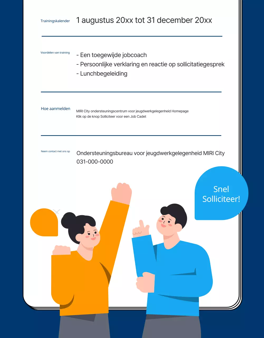 Een marineblauwe jeugdwerkgelegenheidsacademie promoten