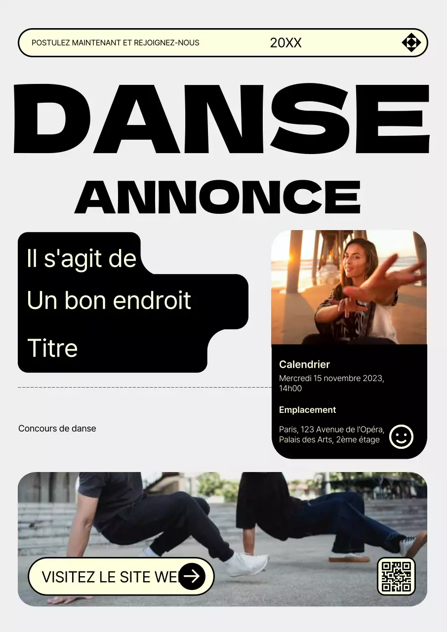 Annonce d'audition de danse tendance en gris et jaune