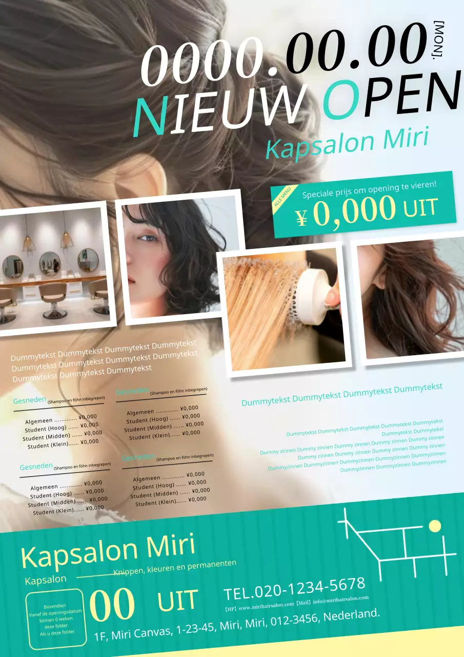 Een advertentie voor een kapsalon versierd in geel en mint.