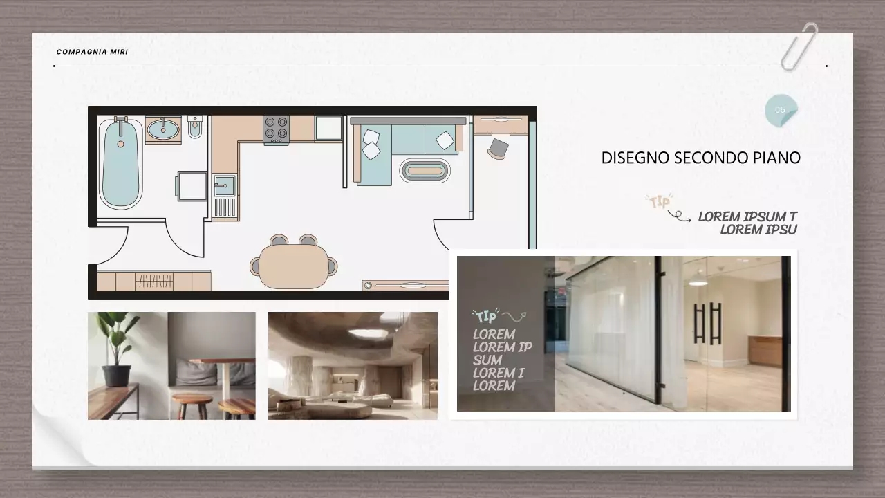 Relazione di architettura moderna e planimetria in beige e azzurro