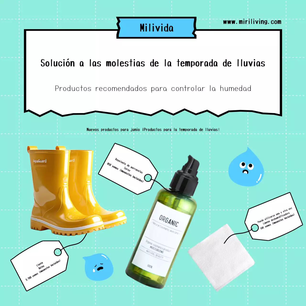 Publicidad de artículos recomendados para la temporada de lluvias en un precioso azul cielo.