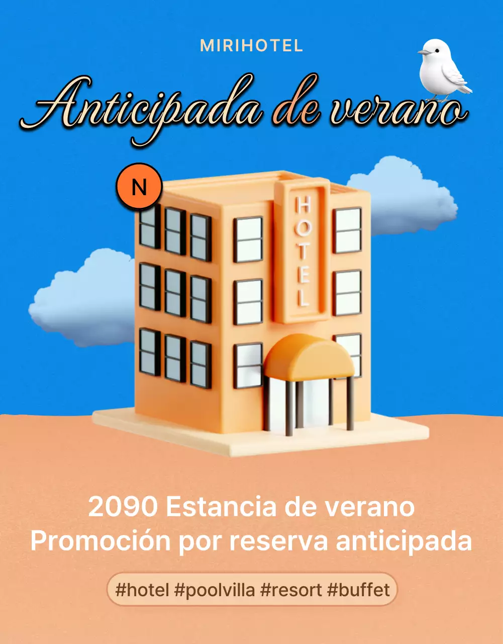 Kitschy anuncio de ofertas hoteleras de verano en naranja y azul
