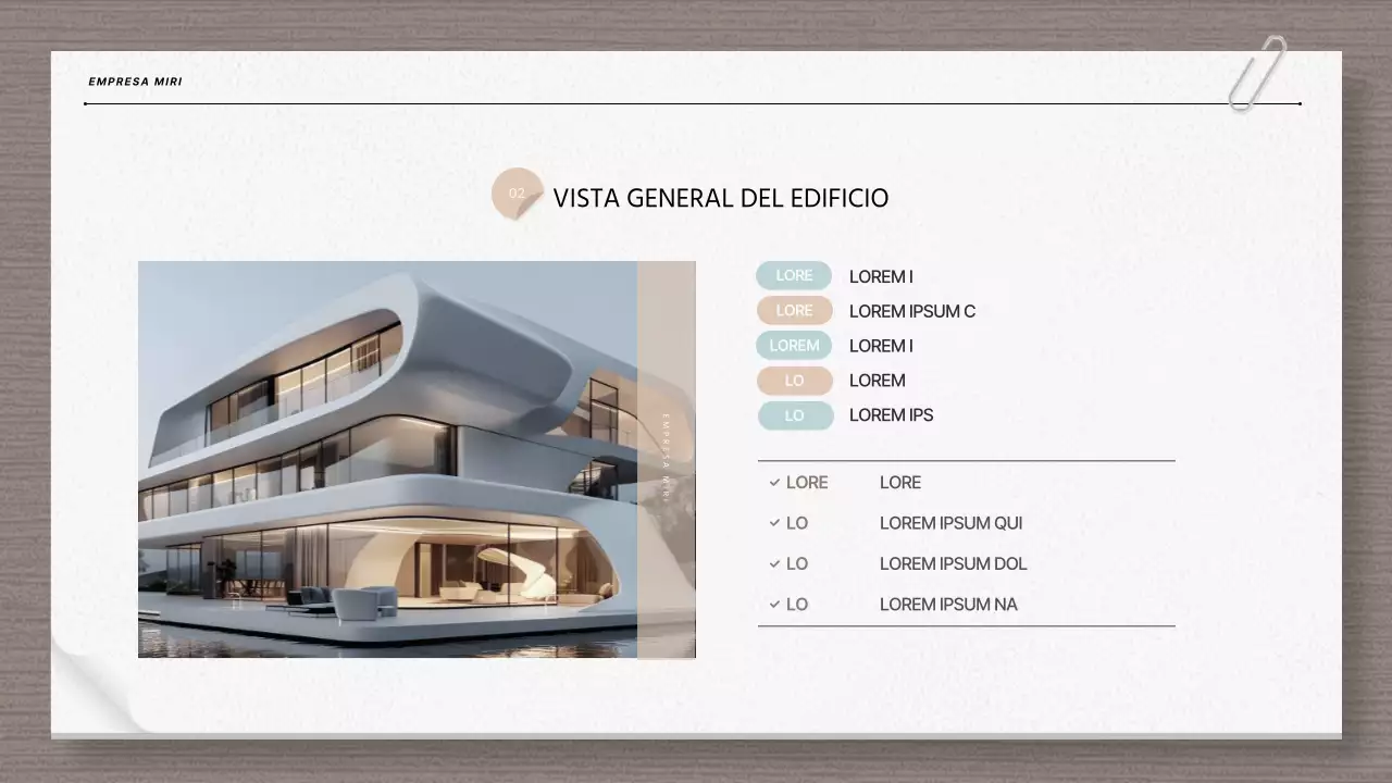 Informe de arquitectura moderna y planos en beige y azul claro