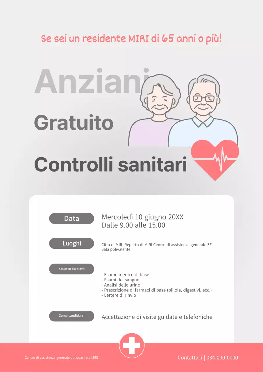 Un semplice annuncio grigio e rosa di controlli sanitari gratuiti per gli anziani