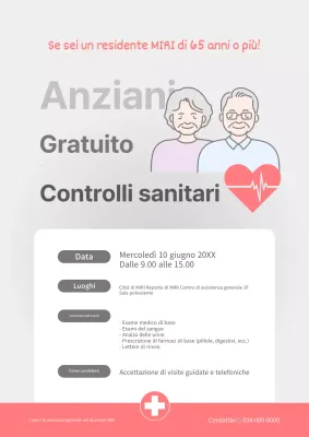Un semplice annuncio grigio e rosa di controlli sanitari gratuiti per gli anziani