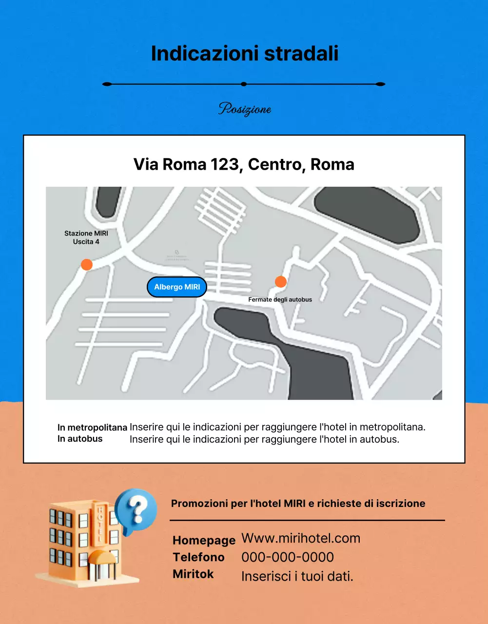 Annuncio kitsch di offerte alberghiere estive in arancione e blu