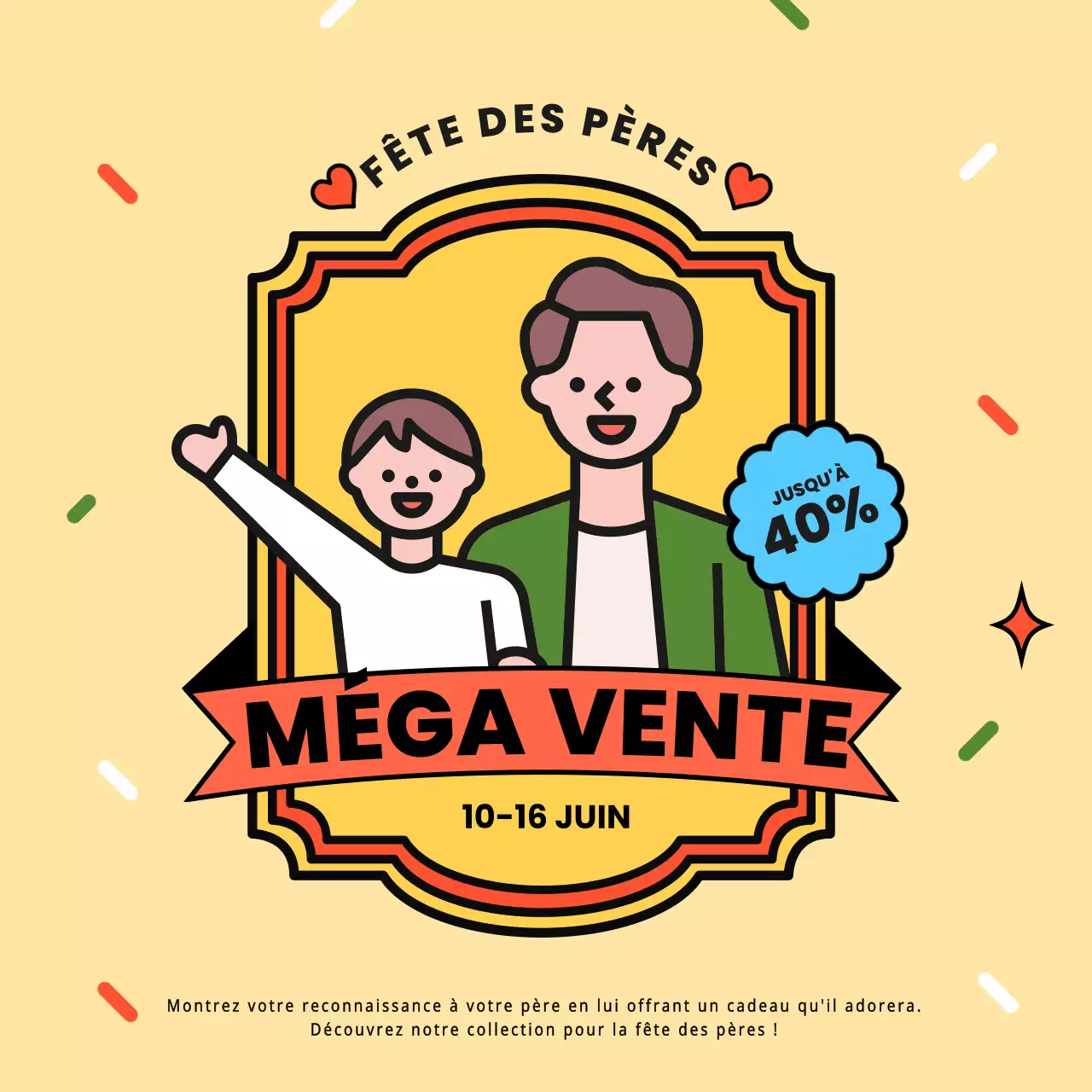 Annonce d'un cadeau simple pour la fête des pères en orange et jaune