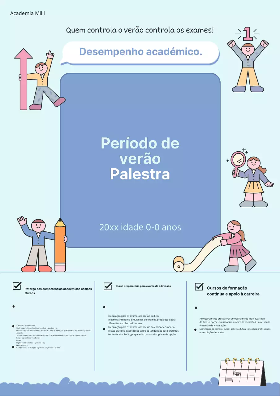 Um folheto para um curso de verão numa bonita academia azul e azul claro