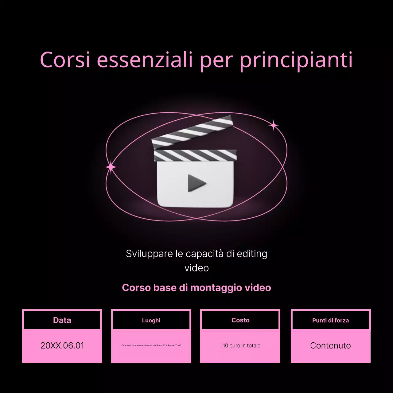 Promuovere un corso di video editing kitsch in rosa e nero
