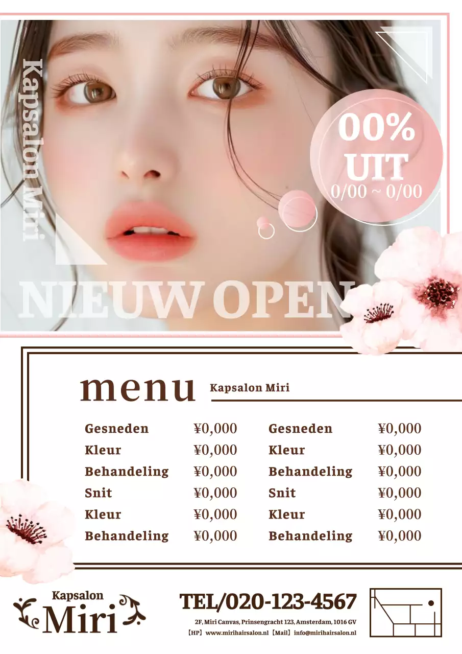 Een stijlvolle en schattige kapsalonreclame in roze en wit met een roze en wit kleurenschema.