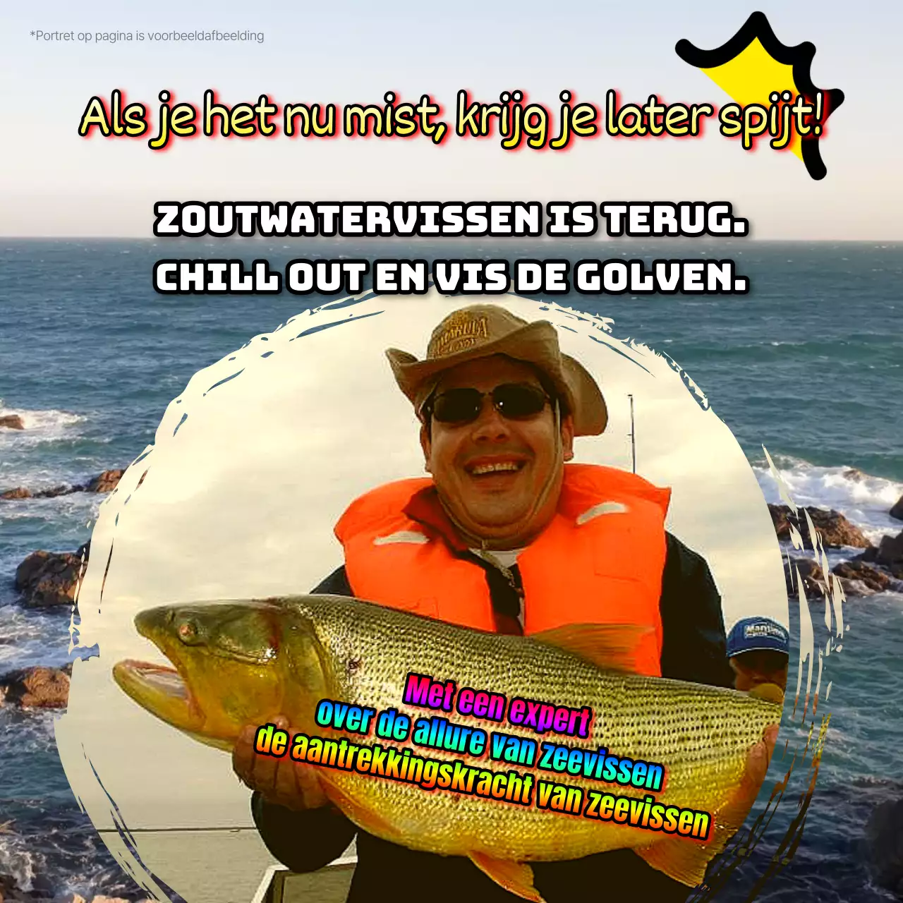 Promoot retro zeevissen op blauw en regenboog