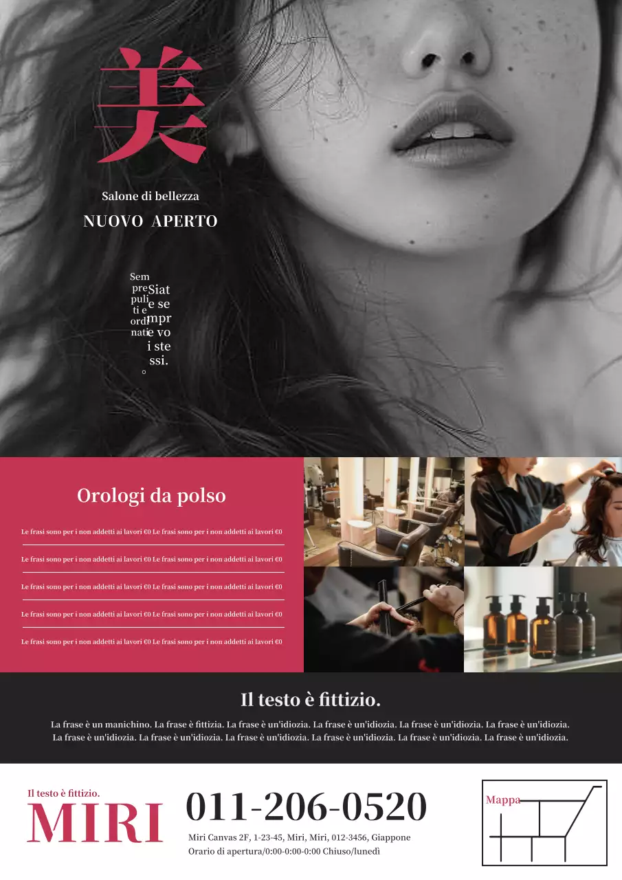 Pubblicità di un salone di parrucchieri elegante e moderno in rosso e nero