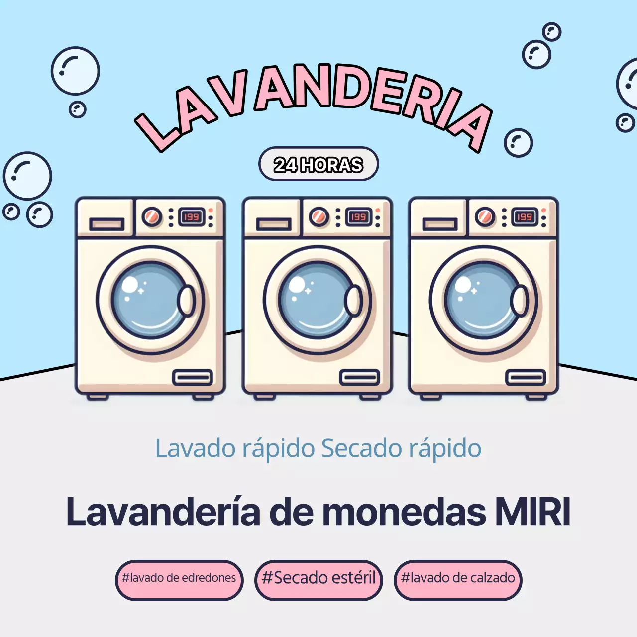 Promociona una bonita lavandería autoservicio en azul claro y rosa