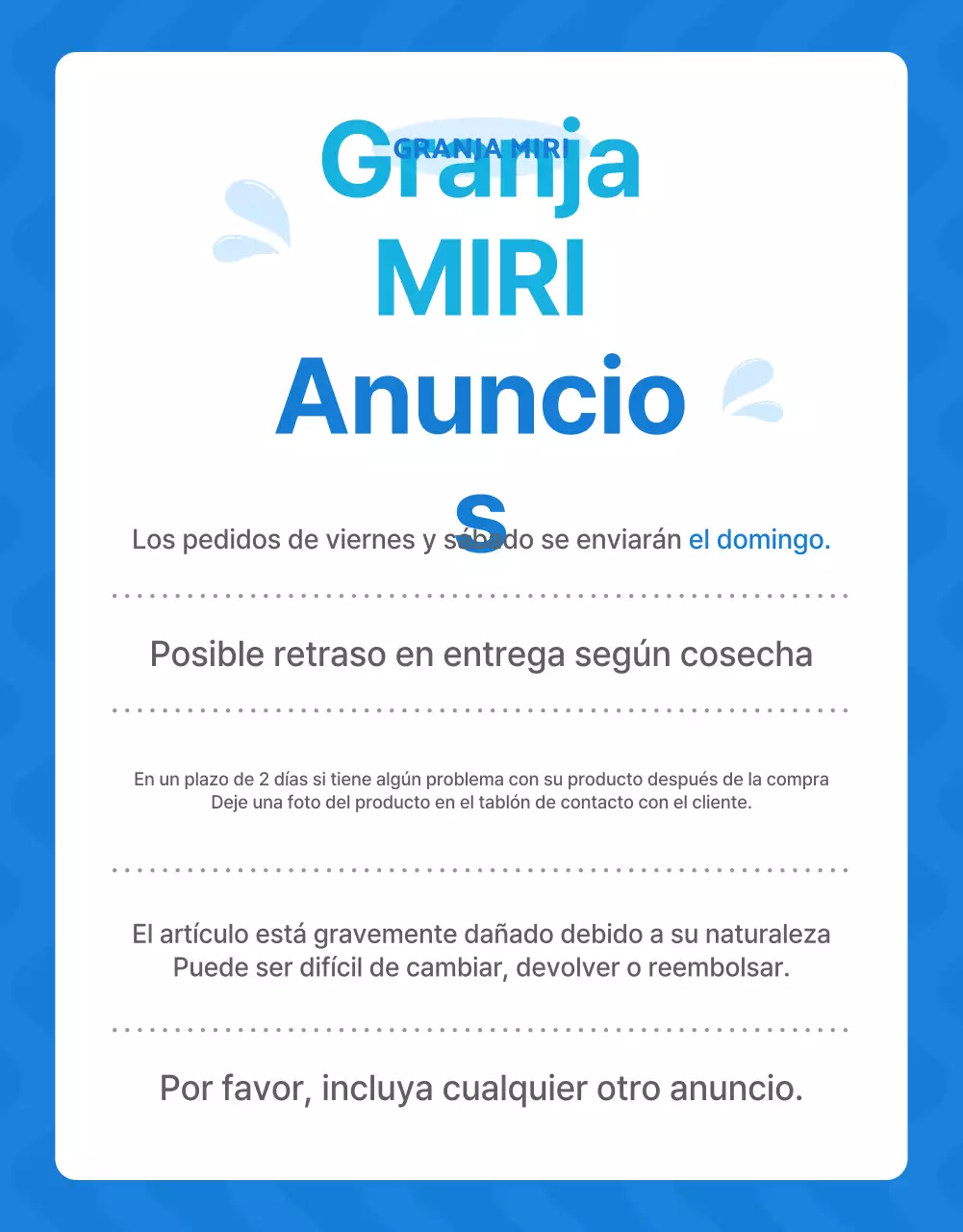 Promocionar las frutas naturales de temporada en azul y blanco