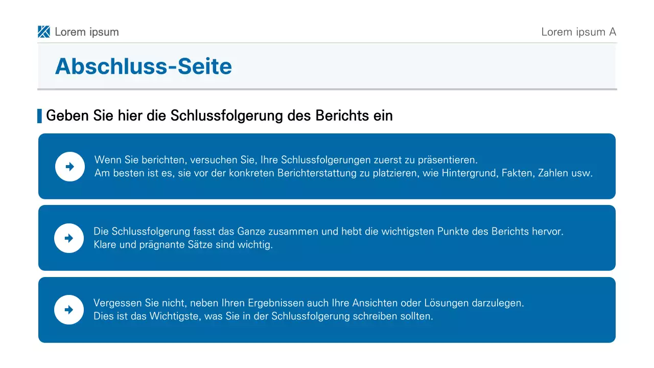 Eine einfache, blau-weiße, druckbare Berichtspräsentation