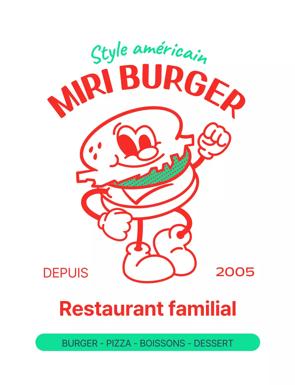 Logo avec un personnage de hamburger à l'américaine