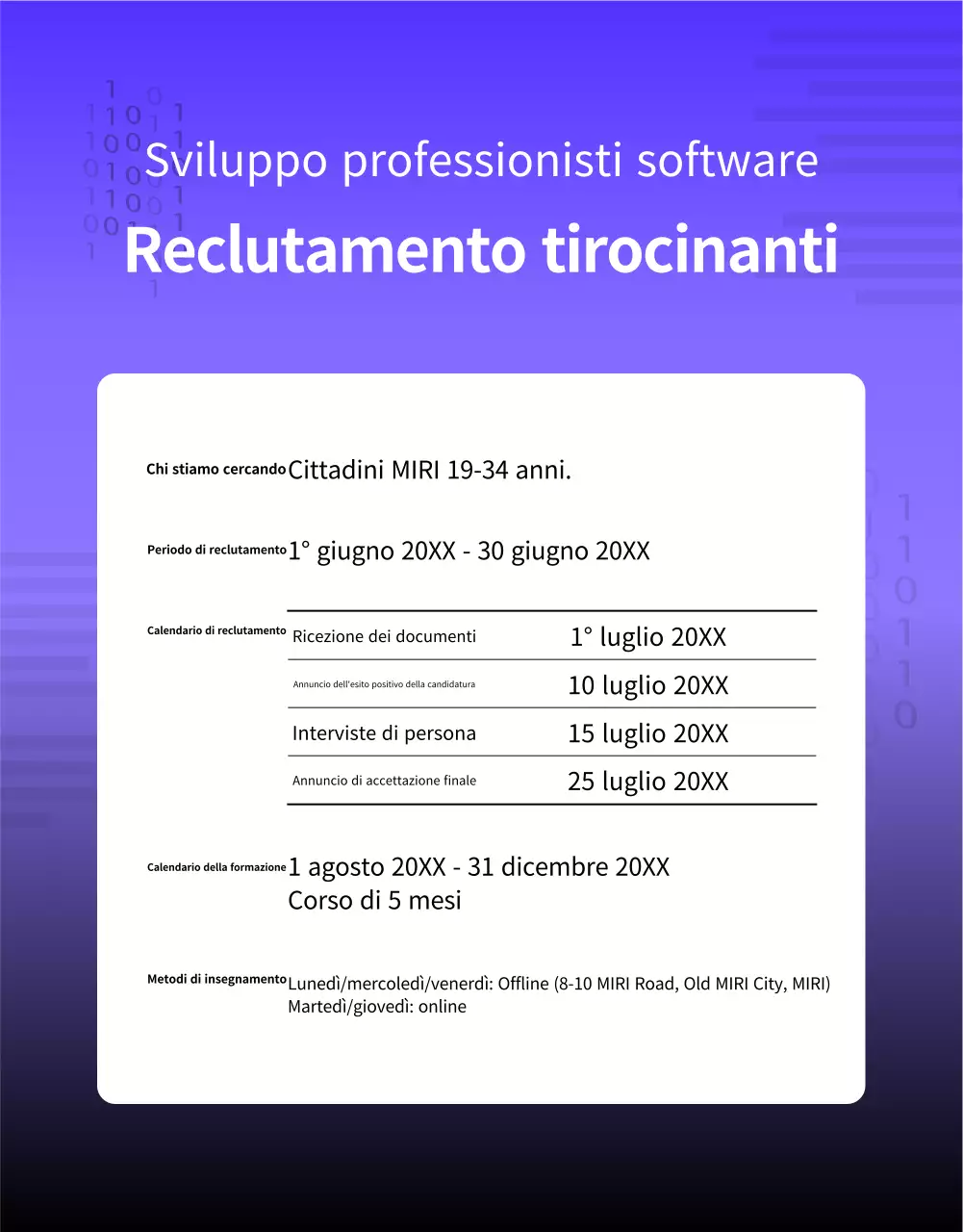 Un semplice avviso di reclutamento per laureati, in viola e nero.