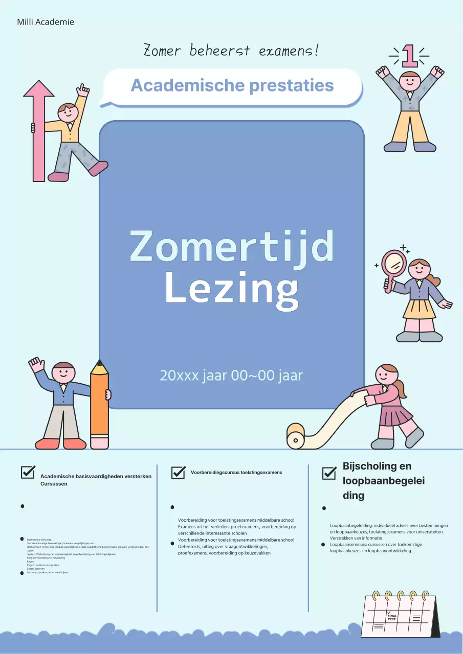 Een flyer voor een zomercursus op een mooie blauwe en lichtblauwe academie