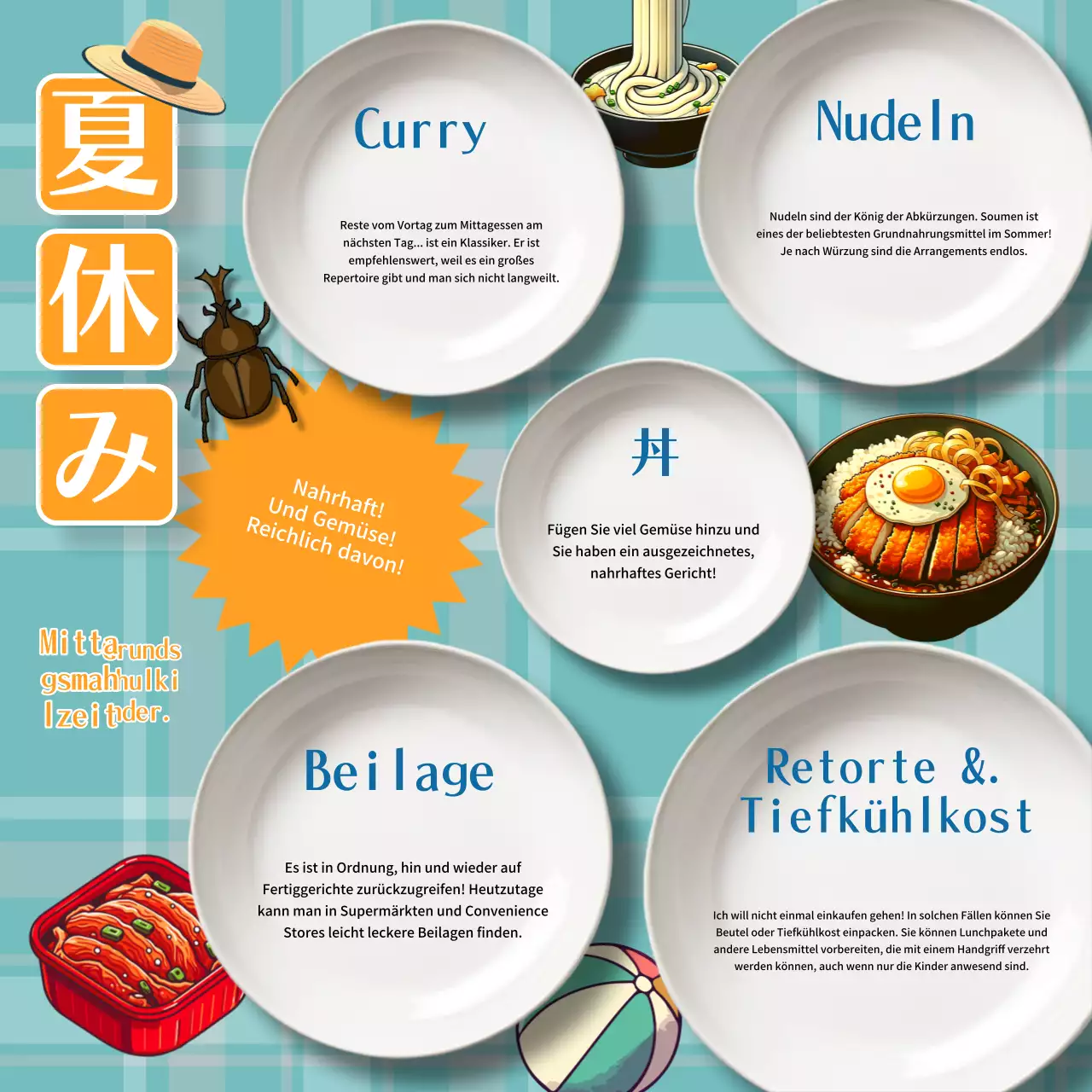 Hier ist ein einfaches orange-blaues Mittagessen für die Sommerferien in der Grundschule.