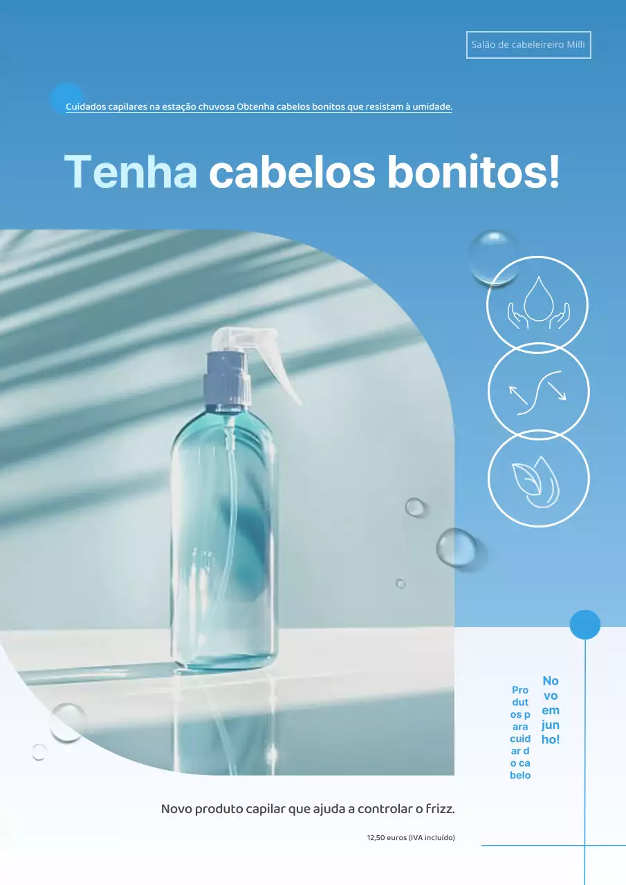 Promover produtos simples de cuidados capilares para a estação das chuvas em azul e azul celeste