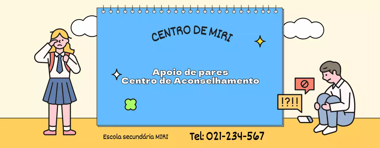 Para promoção do centro de aconselhamento com ilustrações azuis e amarelas de estudantes