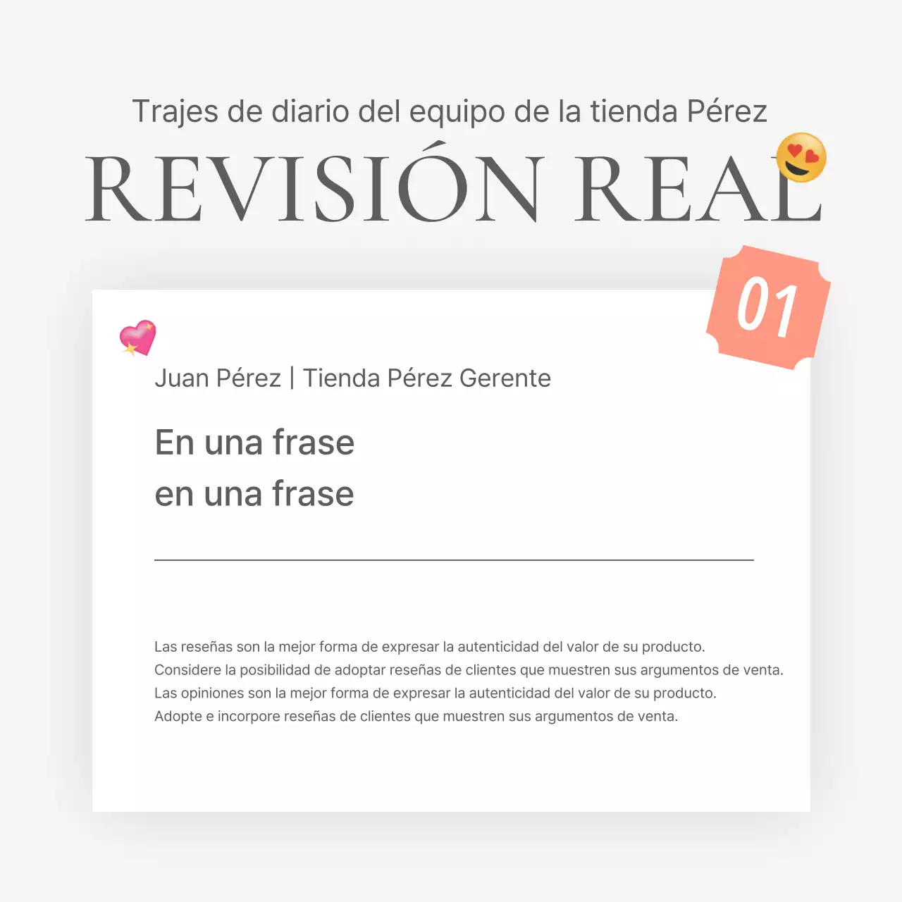 Una reseña o anuncio de una tienda de moda con un sencillo estilo de emoji blanco y gris.